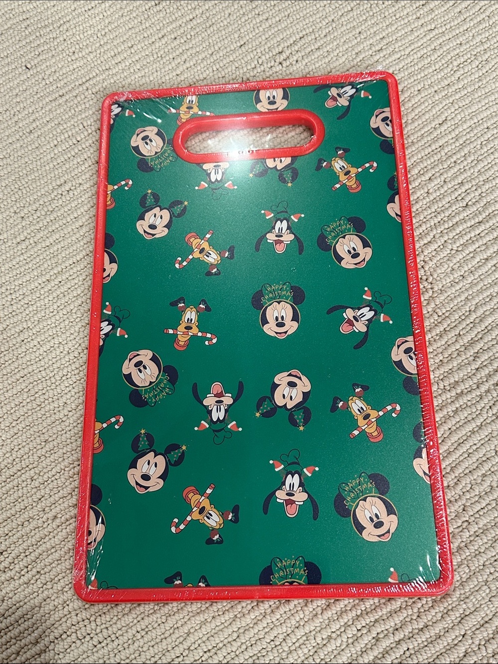 Disney Green Holiday Mickey & Friends Cutting Board with Red Trim